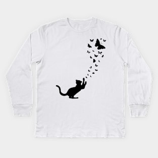 Black Cat Catching Butterflies Kids Long Sleeve T-Shirt